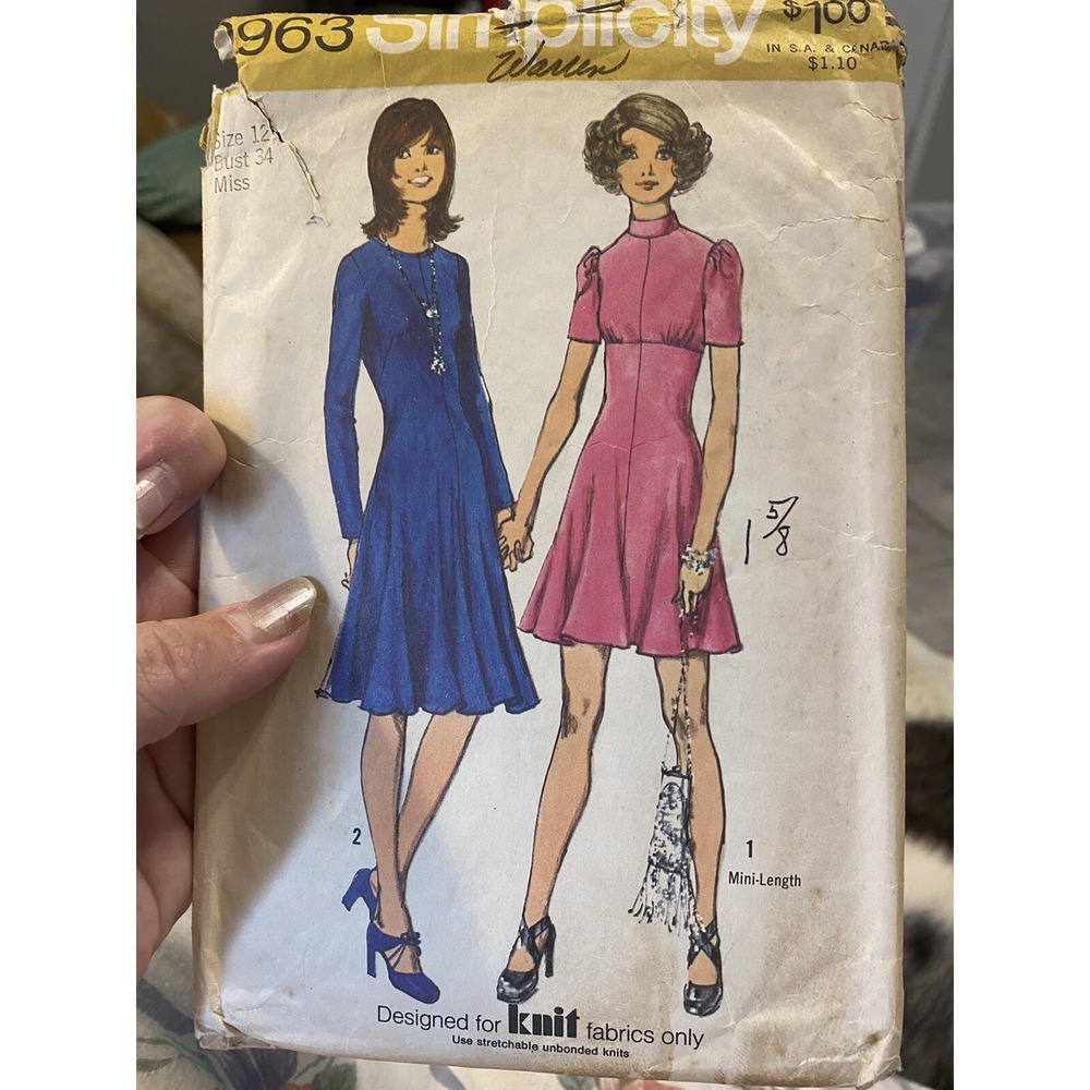 Vintage 1972 Simplicity 9963 Sewing Pattern Size 12 Mini Dress Knit Bust 34